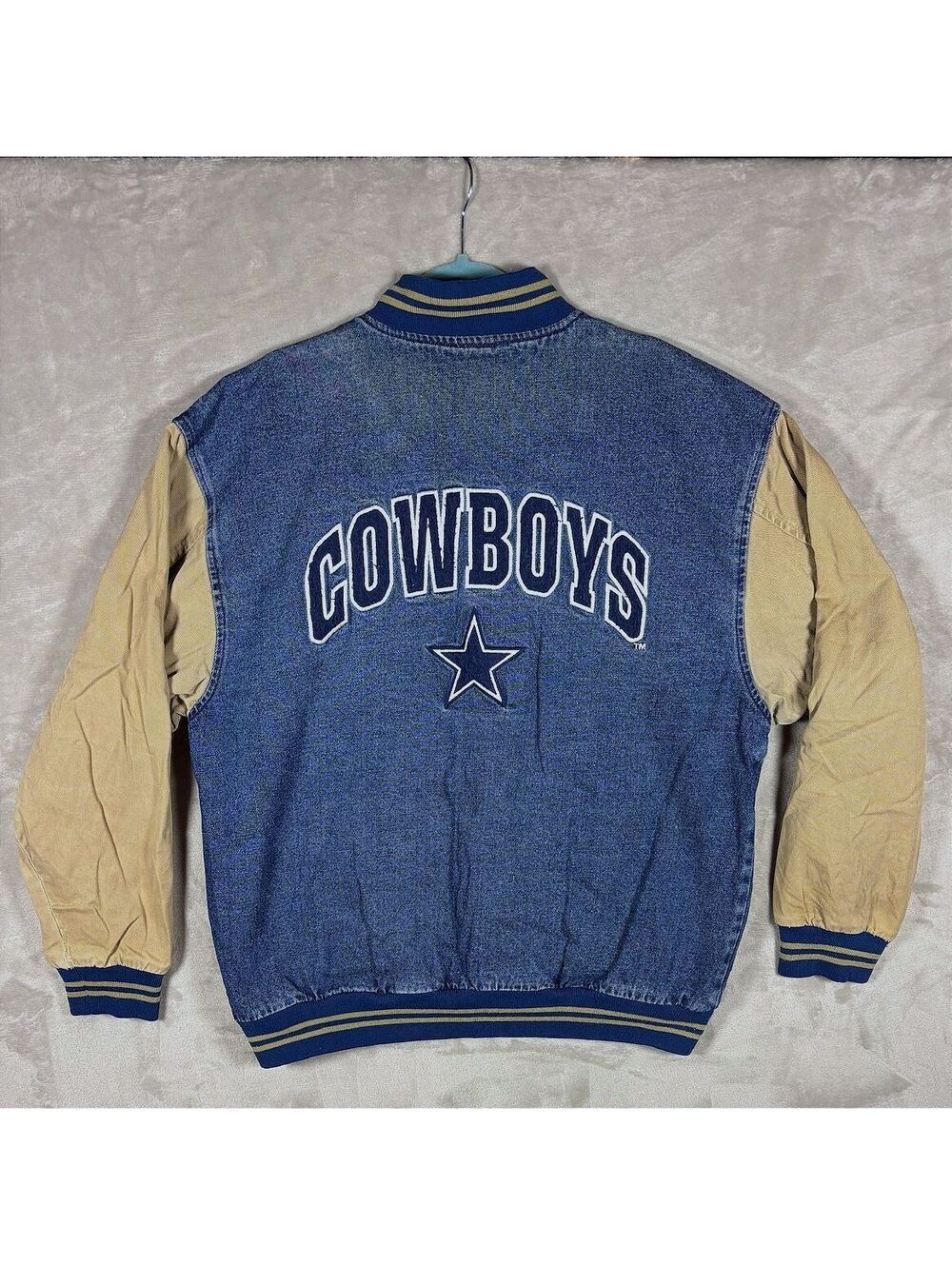 VTG 90s Dallas Cowboys Denim Varsity Jacket Two Tone Denim Canvas Lee Sport L